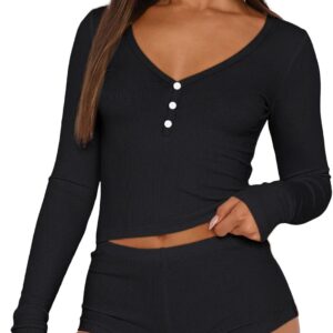 Trendy Queen Womens Two Piece Sets Lounge 2 Piece Outfits Ribbed Knit Shorts and Long Sleeve Button Down Top Tracksuit 2024