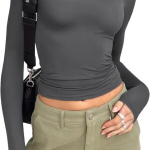 Trendy Queen Womens Long Sleeve Shirts Basic Spring Crop Tops Fall Fashion Layering Slim Fitted Y2k Tops