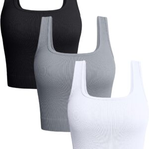 OQQ Women's 3 Piece Tank Tops Ribbed Seamless Workout Exercise Shirts Yoga Crop Tops